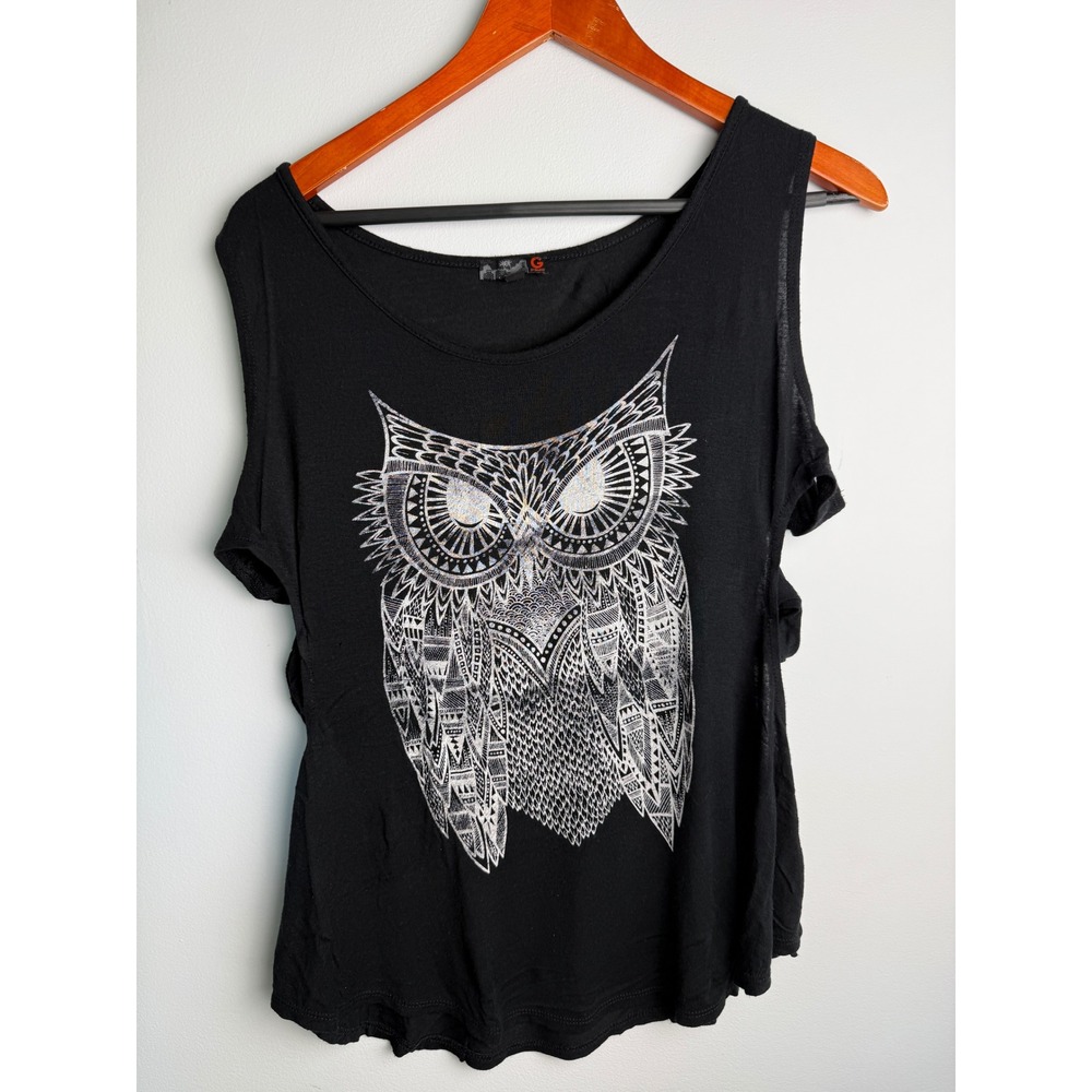 GUESS Graphic Owl Knotted Rave Party Side Tank Top Womens Black Sleeveless XL